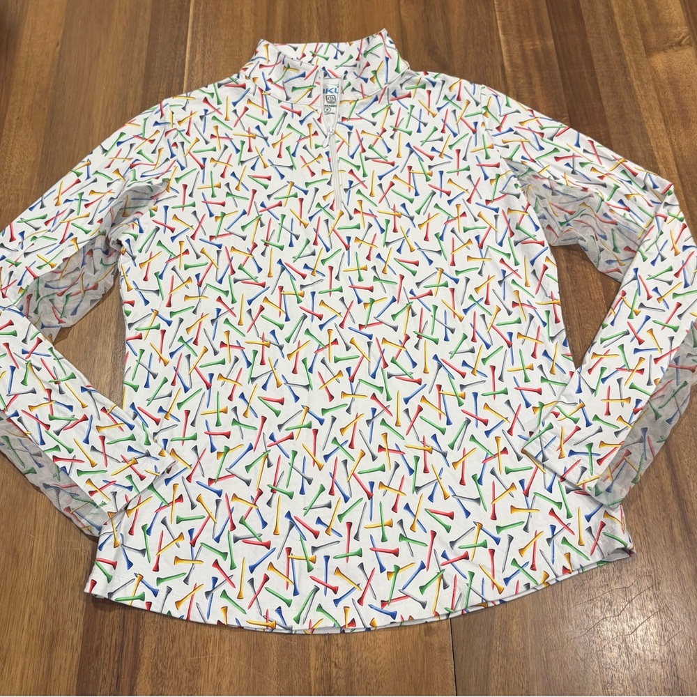 IBKUL Golf Tee Print UPF 50+ Long Sleeve Quarter Zip Top Size Small